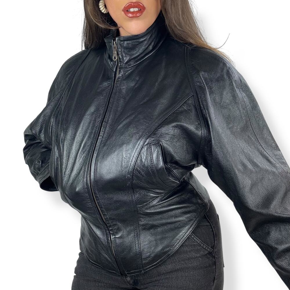 Vintage WILSONS LEATHER black batwing cropped corset motorcycle leather jacket